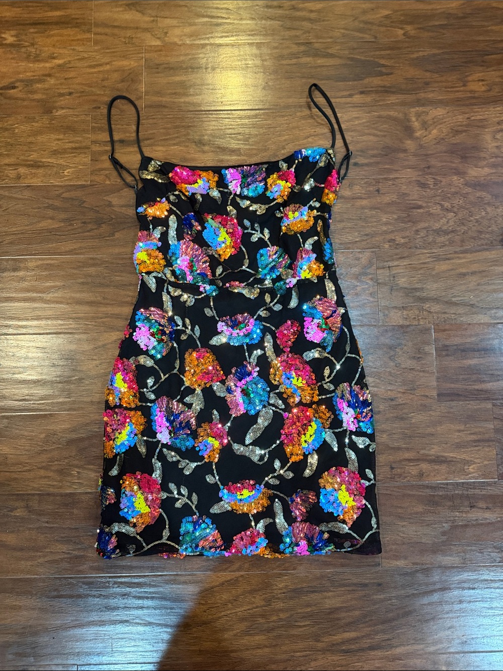 Lucy in the Sky Black Sequin Floral Mini Dress with Multicolor Embroidery - Picture 3 of 4